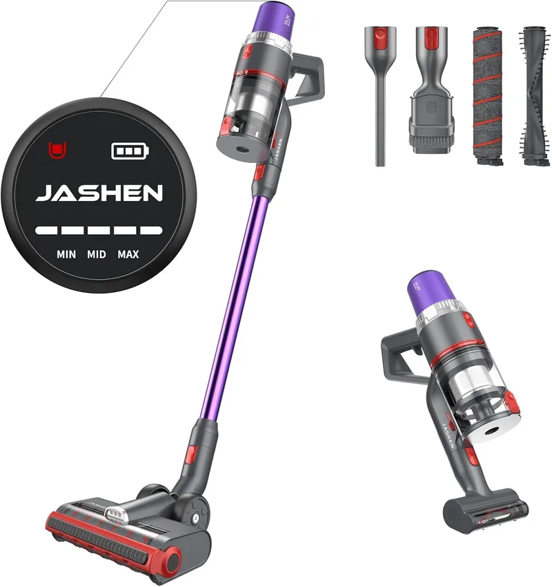 JASHEN ▫️ V16 Cable, Aspirador de Mão 4 em 1, Potência de 22 000 Pa, Saco, até 40 min de aspiração, Bateria Removível, 350 W, 0,6 litros, 70 decibéis, 3 velocidades, roxo