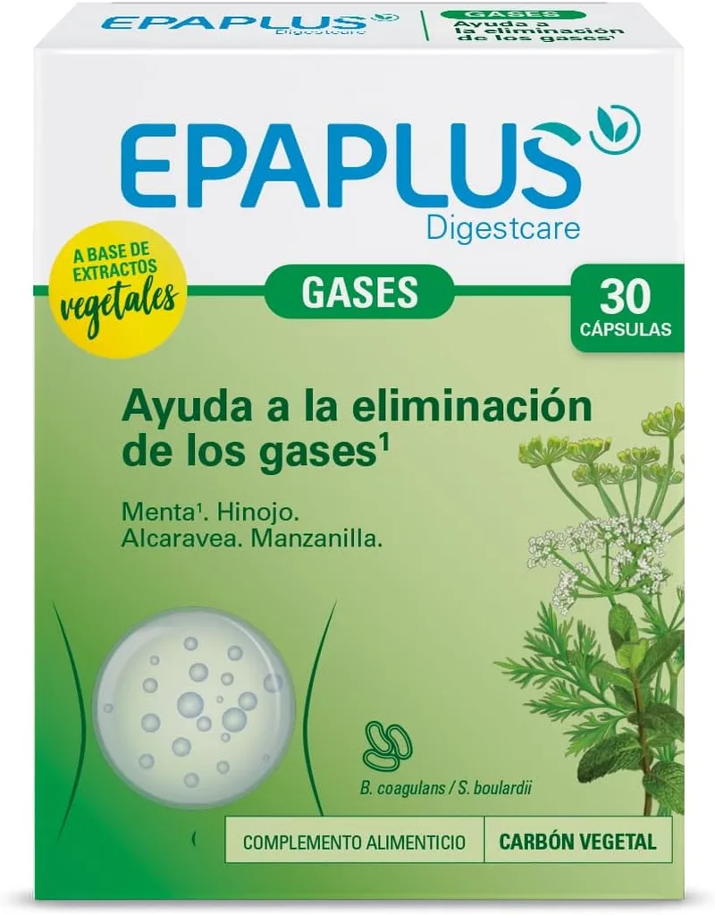EPAPLUS ▫️ Digestcare, Gases, 30 comprimidos, Suplemento alimentar para a eliminação de gases intestinais com extrato de hortelã-pimenta, funcho, alcaravia e camomila