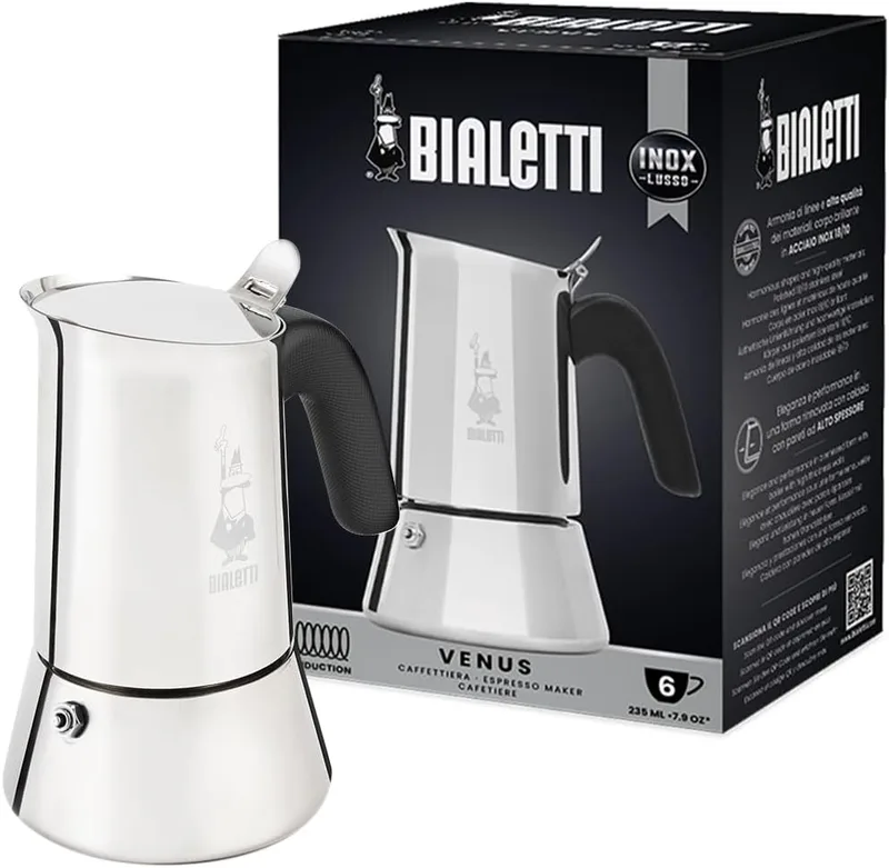 Bialetti ▫️ Cafeteira Venus, Pega anti-queimaduras, Adequada para indução, 6 chávenas (235 ml), Aço inoxidável