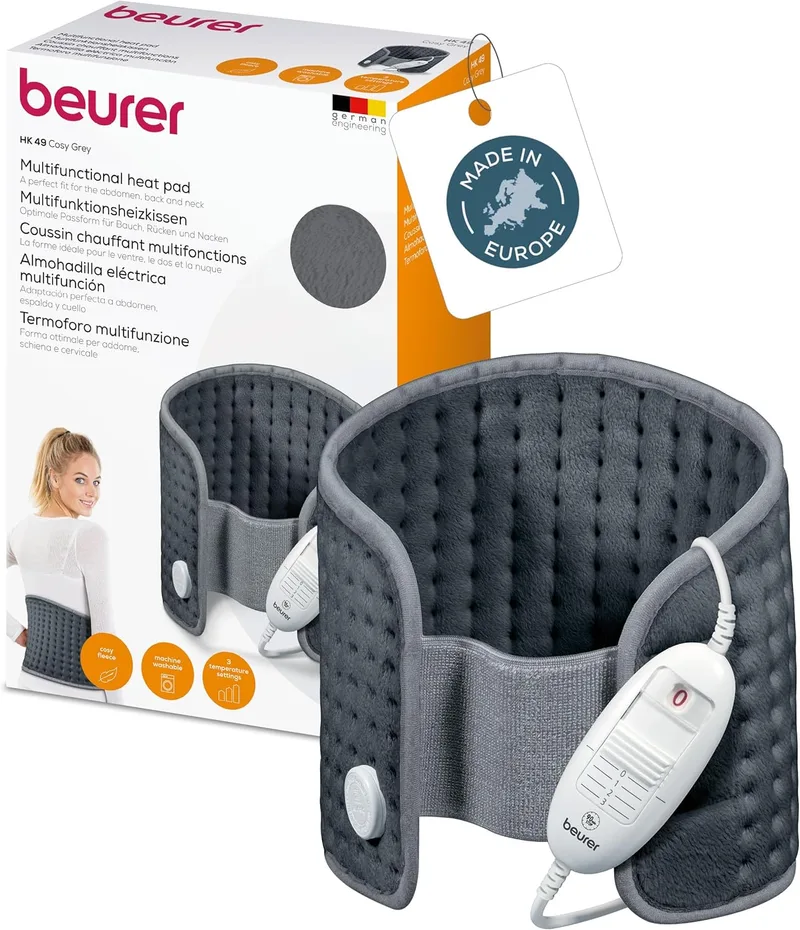 Beurer ▫️ Almofada térmica HK 49 Cosy, para utilização no abdómen e nas costas, com banda elástica e fecho de velcro, desligamento automático, lavável na máquina, cinzenta