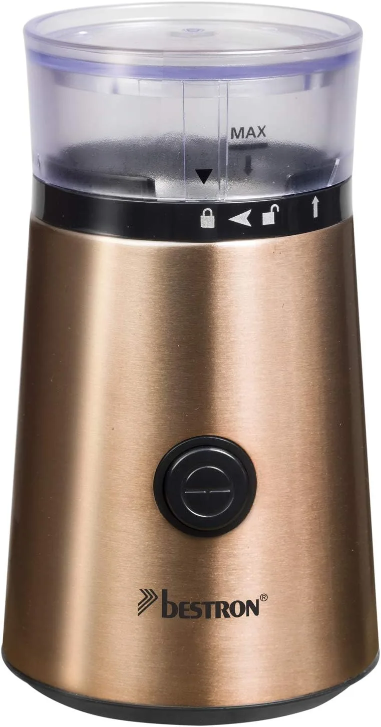 Bestron ▫️ Moinho elétrico com lâmina de aço inoxidável, 150 W, capacidade: 50g, aço inoxidável em cor cobre