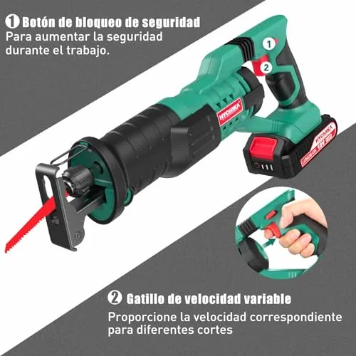 HYCHIKA BETTER TOOLS FOR BETTER LIFE ▫️ HYCHIKA 18 V Serra de lâmina oscilante sem fios, serra alternativa com 2 baterias de 2,0 Ah, 0-2800 SPM, 2 lâminas, carregador rápido, luzes LED, ideal para cortar madeira e metal 2