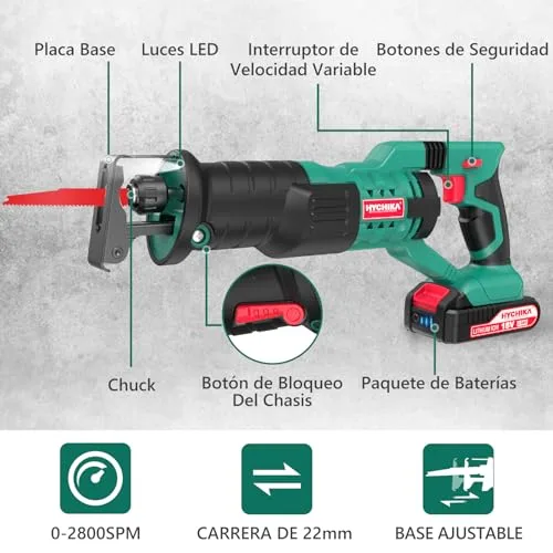 HYCHIKA BETTER TOOLS FOR BETTER LIFE ▫️ HYCHIKA 18 V Serra de lâmina oscilante sem fios, serra alternativa com 2 baterias de 2,0 Ah, 0-2800 SPM, 2 lâminas, carregador rápido, luzes LED, ideal para cortar madeira e metal 3