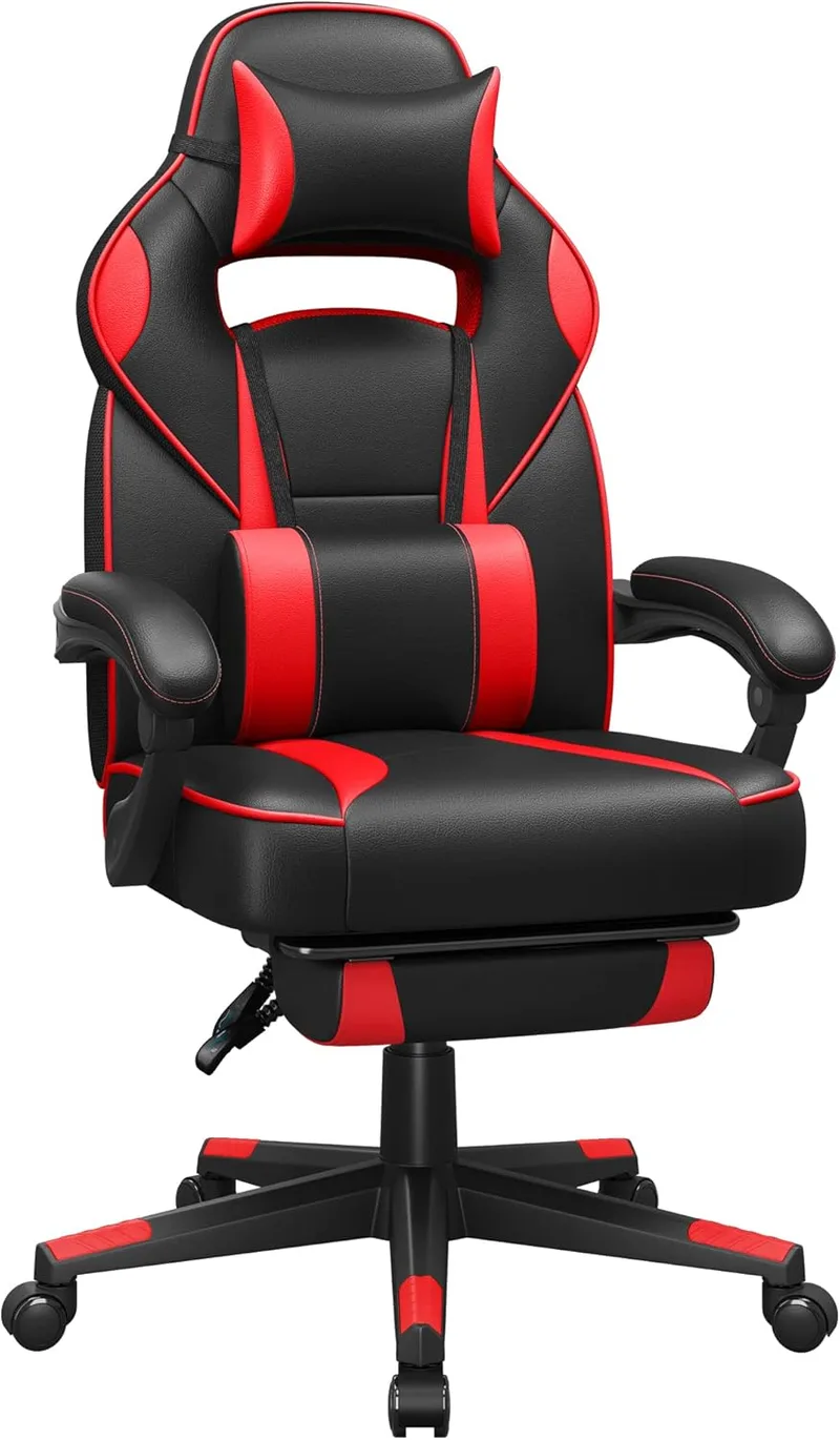 SONGMICS ▫️ Cadeira de escritório, cadeira ergonómica para jogos, com apoio para os pés telescópico, encosto ajustável, apoio para a cabeça e apoio lombar, 150 kg de carga, preto tinta e vermelho morango OBG73BRV1
