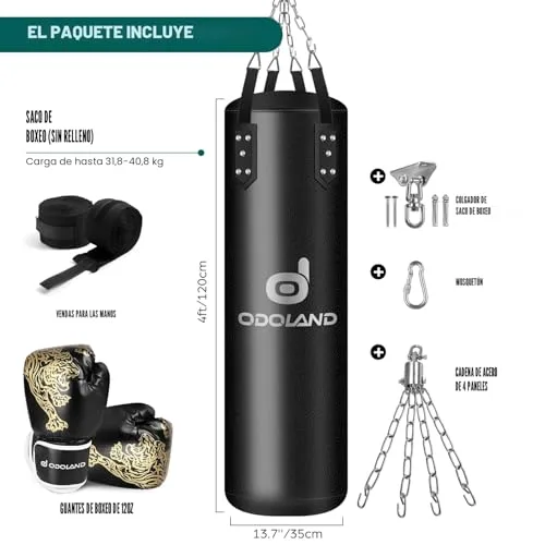 Odoland ▫️ Conjunto de sacos de boxe 6 em 1 sem enchimento para homens e mulheres, saco pesado de kickboxing de 120 cm com capacidade para até 68 kg, incluindo luvas de boxe de 12 oz, ligaduras e correntes, preto 2