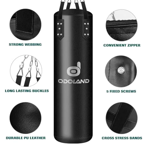 Odoland ▫️ Conjunto de sacos de boxe 6 em 1 sem enchimento para homens e mulheres, saco pesado de kickboxing de 120 cm com capacidade para até 68 kg, incluindo luvas de boxe de 12 oz, ligaduras e correntes, preto 3
