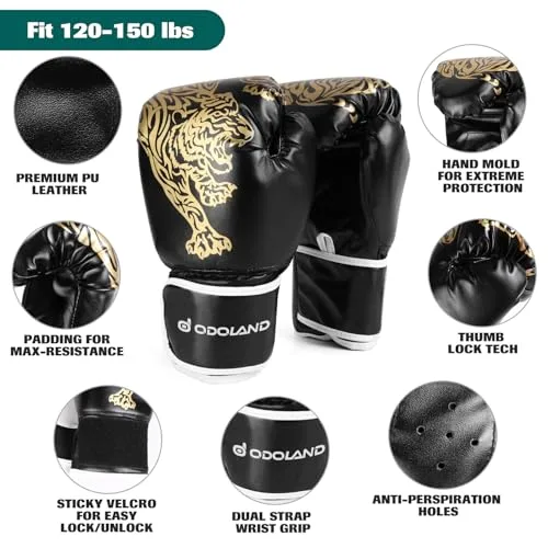Odoland ▫️ Conjunto de sacos de boxe 6 em 1 sem enchimento para homens e mulheres, saco pesado de kickboxing de 120 cm com capacidade para até 68 kg, incluindo luvas de boxe de 12 oz, ligaduras e correntes, preto 6