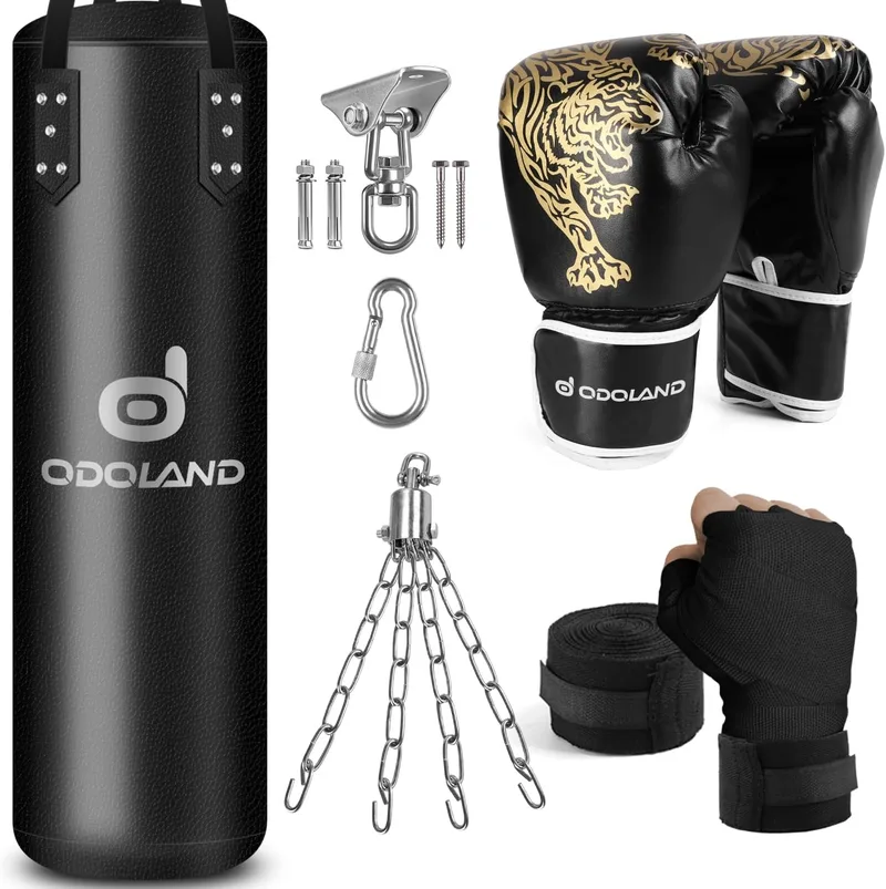 Odoland ▫️ Conjunto de sacos de boxe 6 em 1 sem enchimento para homens e mulheres, saco pesado de kickboxing de 120 cm com capacidade para até 68 kg, incluindo luvas de boxe de 12 oz, ligaduras e correntes, preto