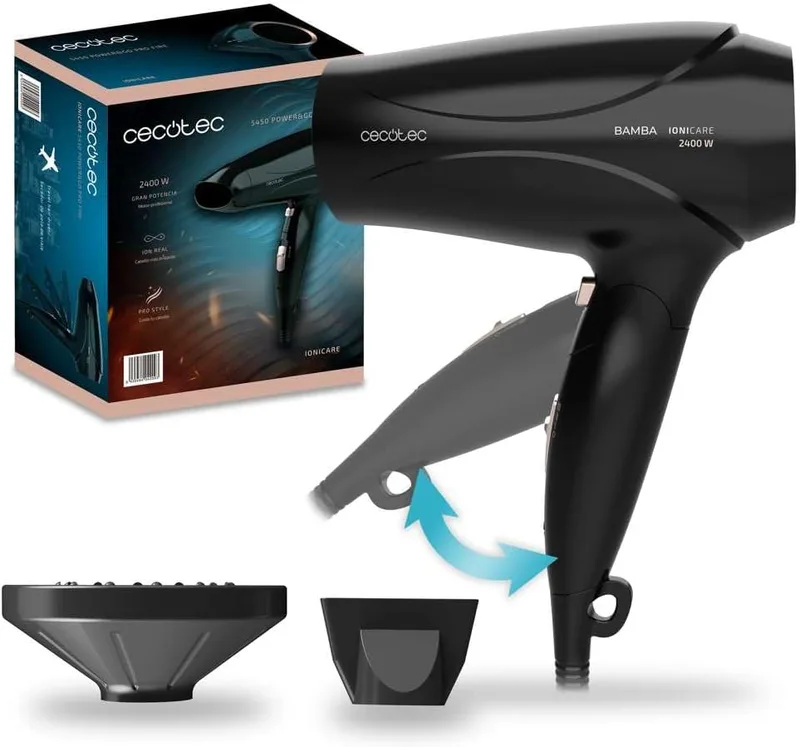 Cecotec ▫️ Secador de cabelo Ionic Bamba IoniCare 5450 Power&Go Pro Fire. Potência de 2400 watts, iões reais, fluxo elevado e função de ar frio, inclui difusor, preto com detalhes em bronze