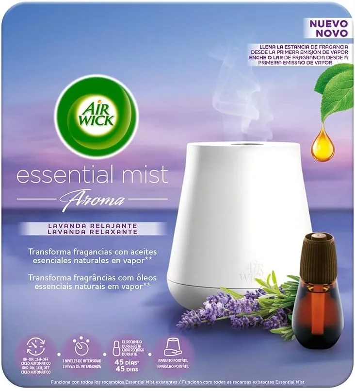Air Wick ▫️ Essential Mist - unidade difusora e recargas para ambientador doméstico com aroma a lavanda - embalagem de 1 unidade e recargas