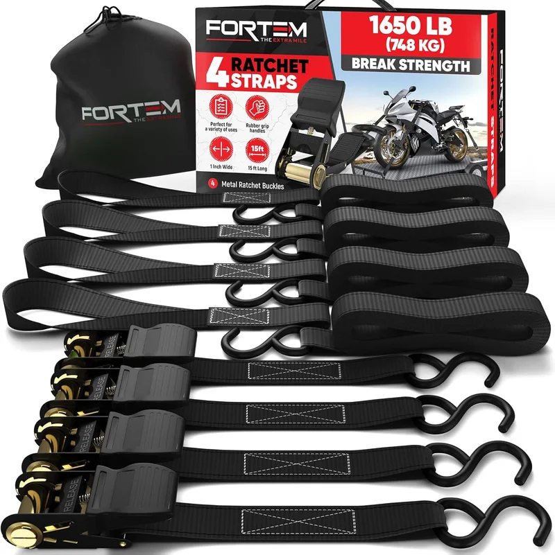 FORTEM ▫️ Conjunto de cintas de amarração com tensor de catraca, resistência de 249 kg de carga, 748 kg de resistência à ruptura, 4 ganchos de aço revestidos a plástico, 4 cintas de 4,5 m, 4 fivelas (preto)