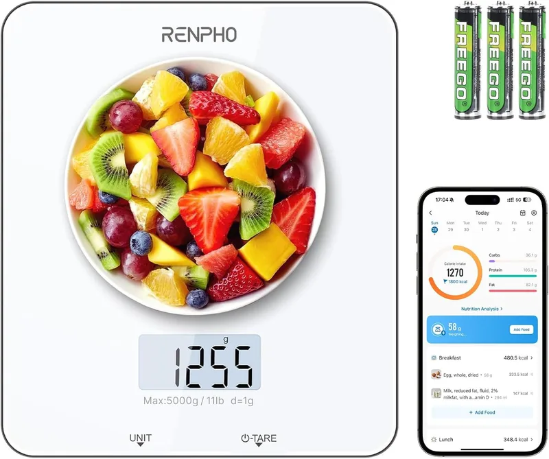RENPHO ▫️ Balança de cozinha balança inteligente para alimentos com aplicação de cálculo nutricional, balança de cozinha para cozinhar e assar, função de tara, capacidade até 5 kg (precisão de 1 g)