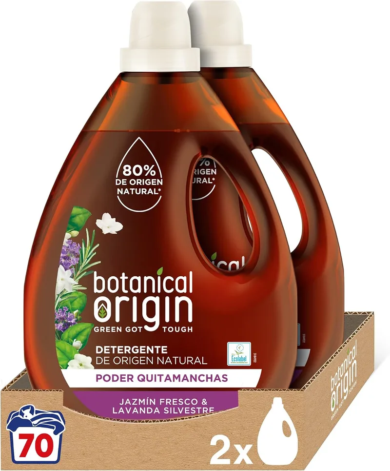 Botanical Origin ▫️ Detergente ecológico para máquina de lavar roupa, adequado para peles sensíveis, 70 lavagens, com aroma a jasmim fresco e lavanda selvagem, 2 unidades