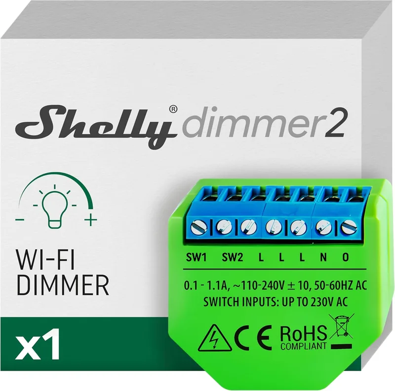 Shelly ▫️ Dimmer 2, Módulo Regulador de Iluminação Wi-Fi, Regulador Sem Fios, Não necessita de neutro, LED 10-220 W, lâmpadas incandescentes/halógenas 1-220 W. Compatível com Alexa e Google Home, aplicação para iOS e Android