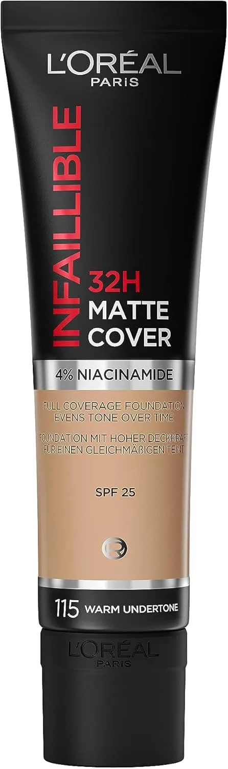 L'Oreal Paris ▫️ L'Oréal Paris - Base de maquilhagem mate de alta cobertura, à prova de água - De longa duração - Leve e matificante - FPS 25 - Infaillible 32H Matte Cover - Tom: 115 Dourado - 30 ml
