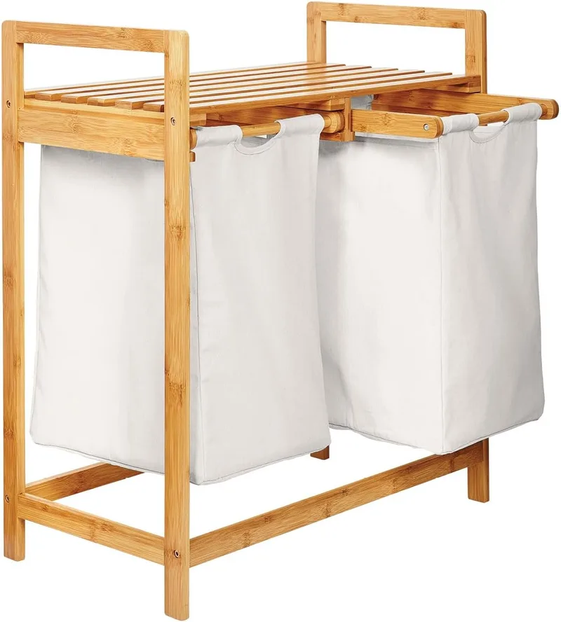 Lumaland ▫️ Cesto de roupa em bambu com 2 sacos de roupa extensíveis [Branco] - Tamanho aprox. 73 cm altura x 64 cm largura x 33 cm profundidade [Branco] - Cesto de roupa em bambu com 2 sacos de roupa extensíveis [Branco] - Tamanho aprox. 73 cm altura x 64 cm largura x 33 cm profundidade [Branco].