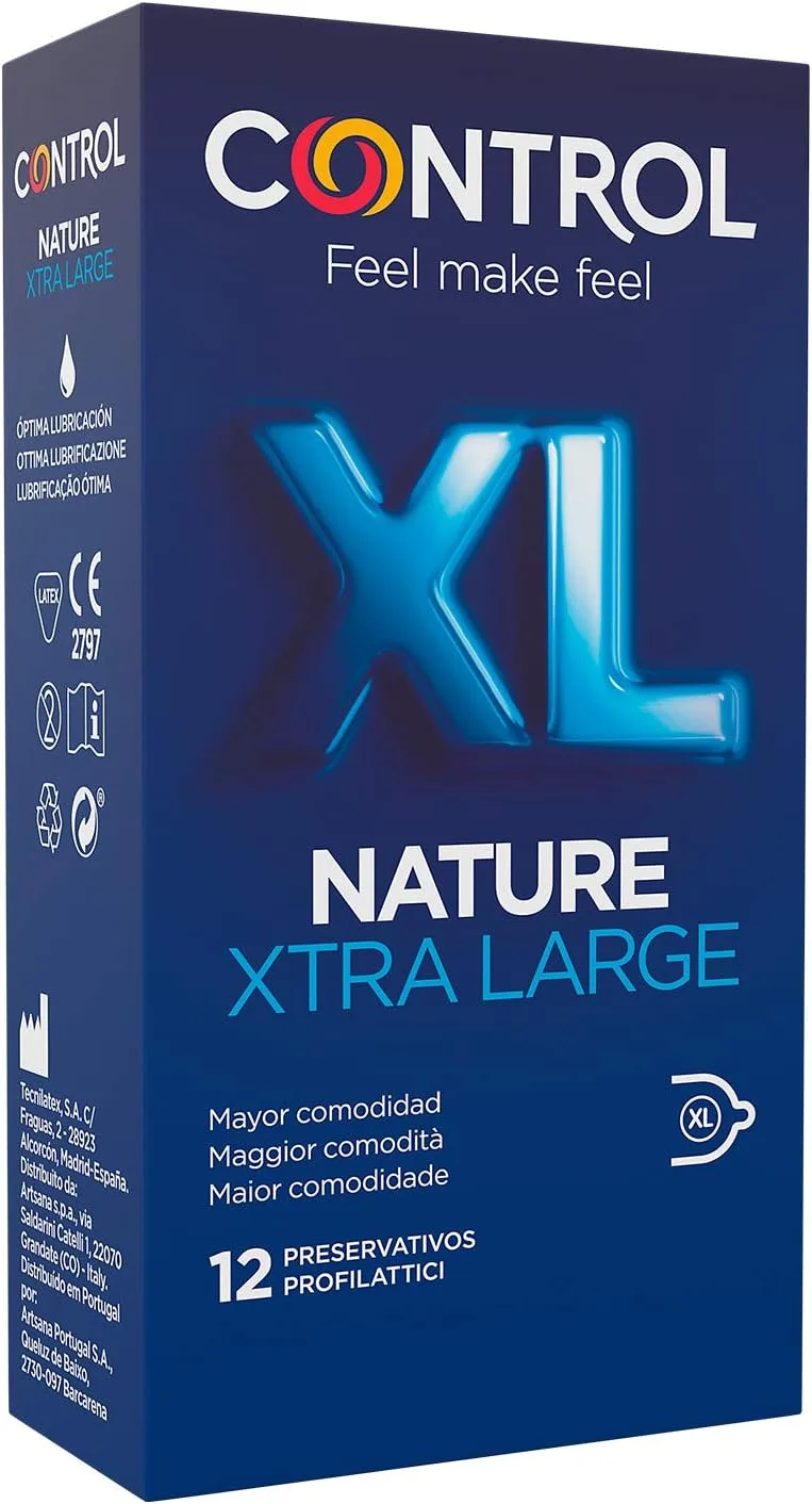 CONTROL ▫️ Preservativos Nature XL. Caixa de 12 preservativos de tamanho maior, maior conforto, lubrificados, sexo seguro. Desfruta de preservativos com um ajuste perfeito para uma relação segura.
