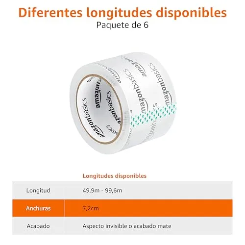 Amazon Basics ▫️ Fita de embalagem com 7,2 cm de largura, compatível com dispensadores de 7,6 cm, transparente, com pouco odor, para mudanças, armazenamento, envios e fecho de caixas, 49,9 m, embalagem de 6 unidades 2