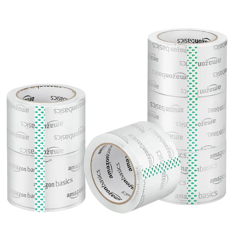 Amazon Basics ▫️ Fita de embalagem com 7,2 cm de largura, compatível com dispensadores de 7,6 cm, transparente, com pouco odor, para mudanças, armazenamento, envios e fecho de caixas, 49,9 m, embalagem de 6 unidades