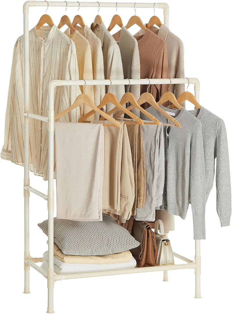 SONGMICS ▫️ Estendal para Roupa de Burro, Estendal de Metal para Roupa de Burro com 2 Barras de Suspensão, com uma Prateleira de Armazenamento, Capacidade de Carga 55 kg, Fácil Montagem, Branco RDR01WT