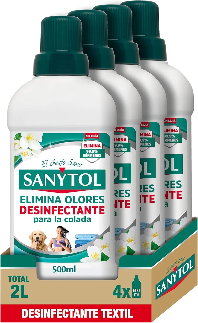 Sanytol ▫️ Desinfetante para a roupa, elimina os maus odores e 99,9% dos germes, eficaz a partir de 20°C, eficaz contra bactérias, fungos e vírus, sem lixívia, não mancha os têxteis - 4 x 500 ml