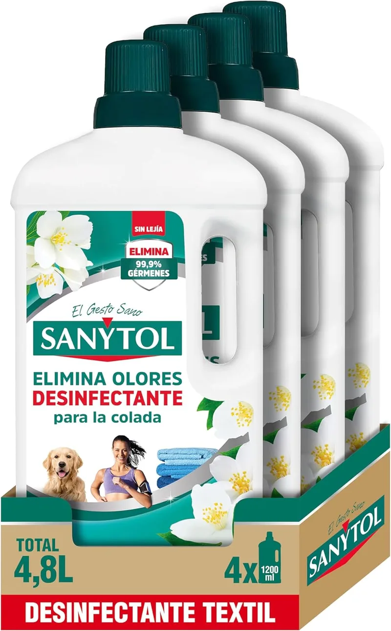 Sanytol ▫️ Desinfetante para têxteis, elimina os germes e os maus odores da roupa sem lixívia - Embalagem de 4 x 1200 ML = 4,8L