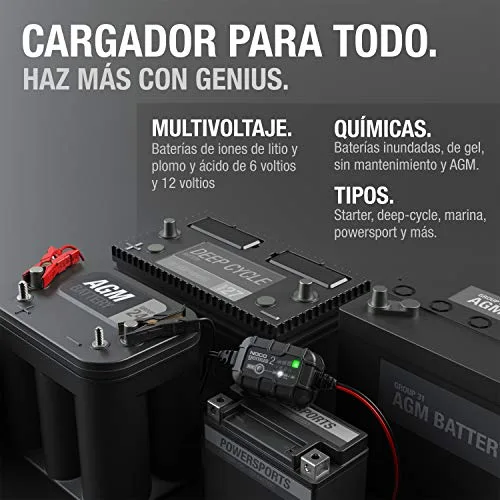 NOCO ▫️ GENIUS2: Carregador inteligente de baterias 2 A, 6 V/12 V – Mantenedor automático e dessulfatador – Proteção contra sobrecarga e compensação térmica – para baterias de chumbo e de lítio 5