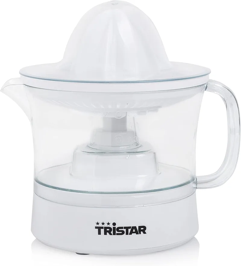 Tristar ▫️ CP-3005 Espremedor de citrinos · 25 W · Capacidade de 0,5 L, inclui 2 cones de tamanhos diferentes, jarro removível, tampa transparente antipó, sem BPA, branco