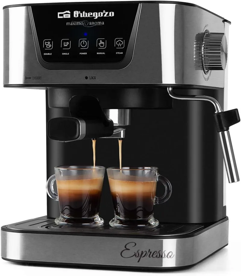 Orbegozo ▫️ EX 6000, Máquina de café expresso, 1050 W, depósito de água removível de 1,5 litros, 20 bar, painel de controlo tátil, modos programados, café moído/cápsulas, vaporizador, frente em aço inoxidável, cor prateada