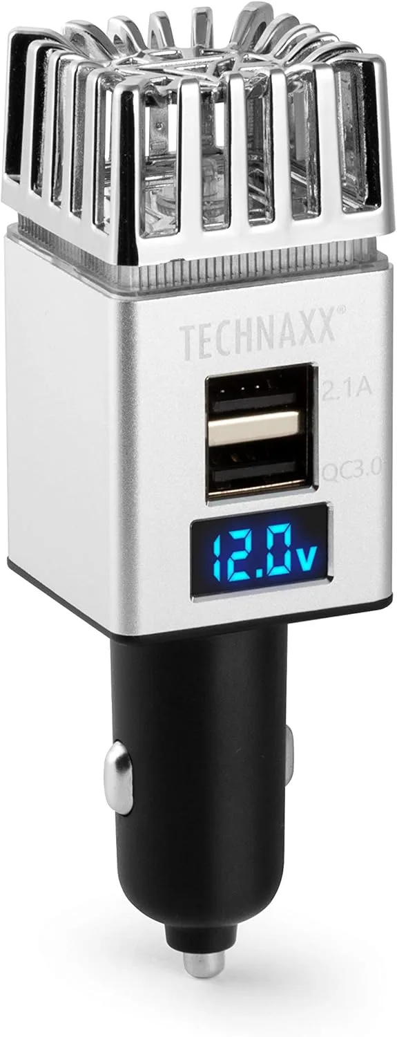 Technaxx ▫️ Purificador de ar para automóvel 12/24V, 2x USB - Carregador rápido 3.0, Equilíbrio de iões, Elimina o fumo do cigarro, o cheiro a animais de estimação e o cheiro a comida - Purificador de ar portátil TX-130
