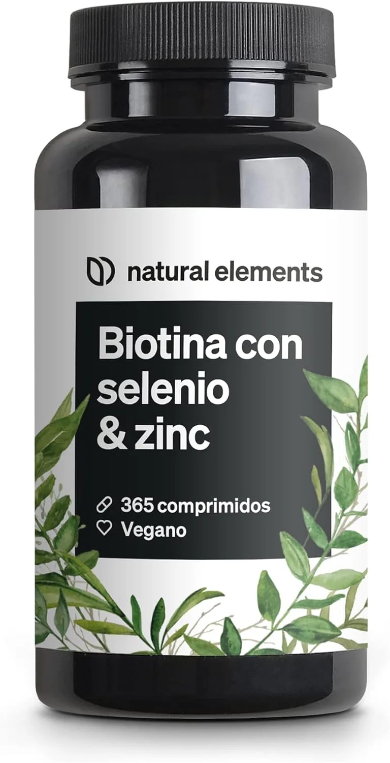 natural elements ▫️ Biotina + Zinco + Selénio - 365 comprimidos veganos (1+ ano de fornecimento) - Vitaminas para o cabelo - Apoia o crescimento do cabelo, fortalece a pele e as unhas - Sem aditivos