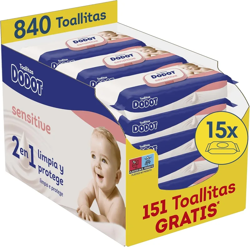 DODOT ▫️ Toalhitas Sensitive para bebés, 840 toalhitas (15 embalagens x 55 unidades) | Toalhitas suaves com 0% de álcool, cuidam da pele sensível do bebé em cada mudança de fralda, uso diário seguro
