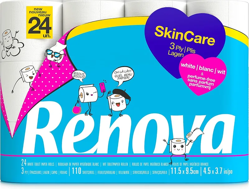 RENOVA ▫️ SkinCare - Papel higiénico (3 camadas, 24 rolos), cor branca