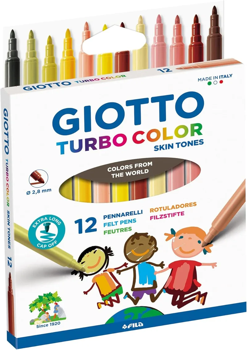 Giotto ▫️ Turbocolor, Marcadores para tons de pele, Ponta fina de 2,8 mm, Cores sortidas, 12 unidades