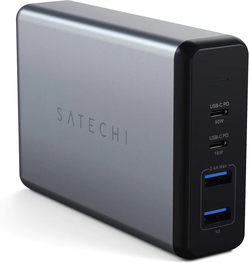SATECHI ▫️ 108 W Carregador USB-C de secretária com 2 portas Tipo C PD (90 W e 18 W) e 2 portas USB-A, carregador rápido e seguro para MacBook Air e Pro, iPad, iPhone, Windows, tablets e muito mais – Cinza