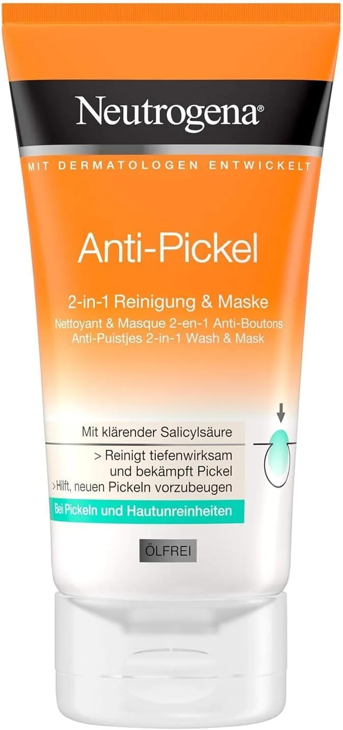Neutrogena ▫️ Limpeza e máscara anti-espinhas 2 em 1 (150 ml), tratamento facial clarificante para uma pele limpa e com aspeto saudável, ajuda a combater a acne ligeira com ácido salicílico e glicerina