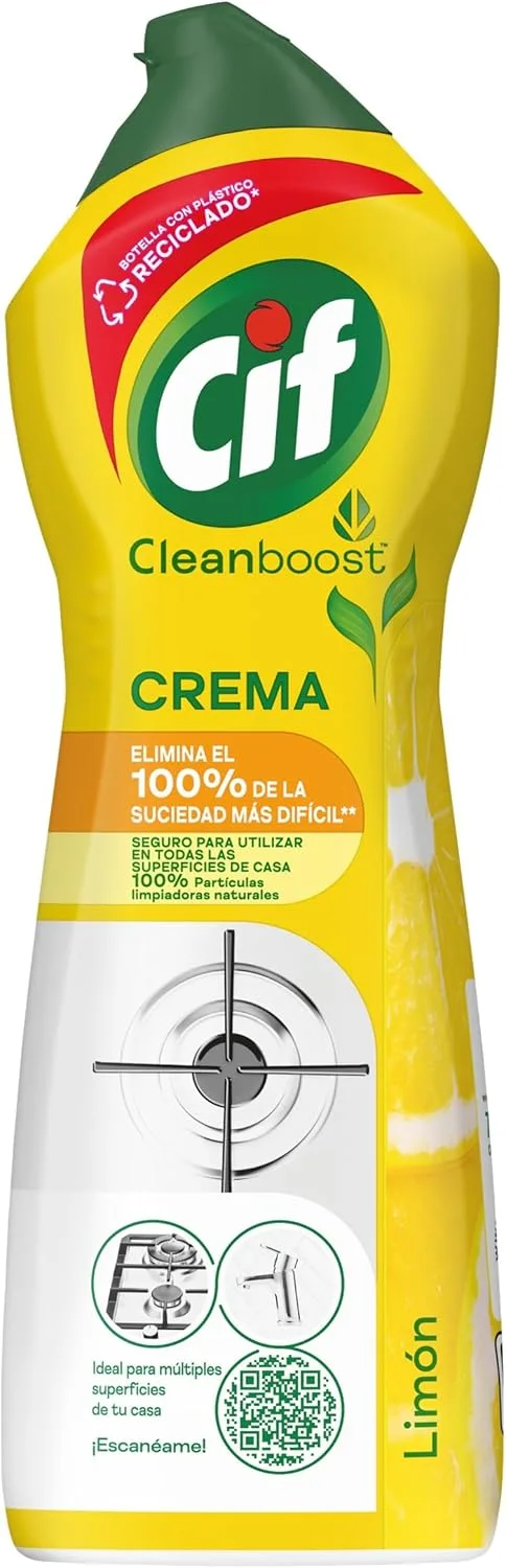Cif ▫️ Creme de Limpeza Limão : Poderoso limpador de superfícies multiusos para casa de banho e cozinha : Com uma fórmula de partículas de limpeza 100% naturais : Remove 100% da sujidade mais difícil. 750 ml.