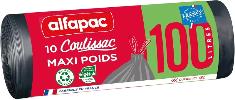 Alfapac ▫️ Sacos de lixo 100 L com laços deslizantes, tamanho máximo - Embalagem de 10 sacos
