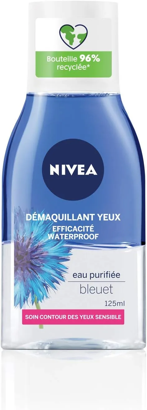 NIVEA ▫️ Desmaquilhante de olhos de dupla ação em azul (1 x 125 ml), desmaquilhante facial enriquecido com água purificada, cuidado de rosto feminino para todos os tipos de pele, formato de viagem