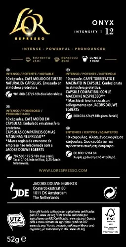 L'OR ▫️ Espresso Cápsulas de Café Onyx | Intensidade 12 | 100 Cápsulas Compatíveis com Nespresso (R) 2