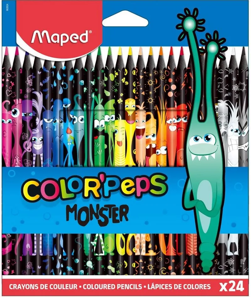 Maped ▫️ Wooden Paint Pencils - Monster Coloured Pencils - 12 lápis de cor decorados com um design lúdico - minas macias e ultra-resistentes - pega ergonómica - fáceis de afiar