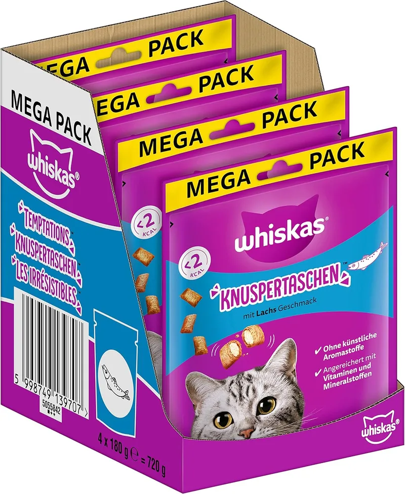 Whiskas ▫️ Salmon Flavoured Cat Crispy Pouches, 4 x 180 g (4 pacotes), diferentes embalagens de produtos disponíveis
