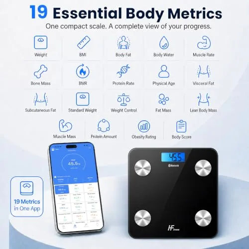 HomeFashion ▫️ HFitness Balança de casa de banho inteligente 28×28 cm com 19 medições corporais, balança digital de gordura corporal com Bluetooth e aplicação, IMC, peso, massa muscular e massa óssea, preta 2