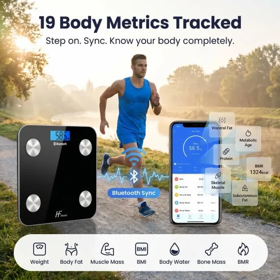 HomeFashion ▫️ HFitness Balança de casa de banho inteligente 28×28 cm com 19 medições corporais, balança digital de gordura corporal com Bluetooth e aplicação, IMC, peso, massa muscular e massa óssea, preta 4