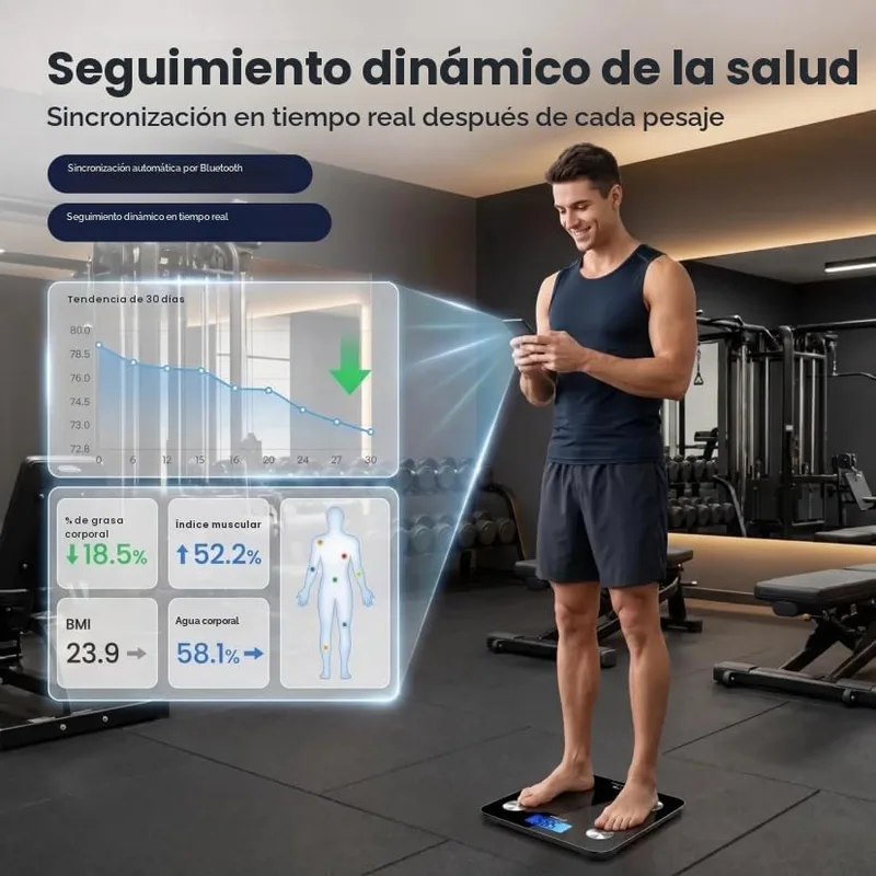 HomeFashion ▫️ HFitness Balança de casa de banho inteligente 28×28 cm com 19 medições corporais, balança digital de gordura corporal com Bluetooth e aplicação, IMC, peso, massa muscular e massa óssea, preta 5