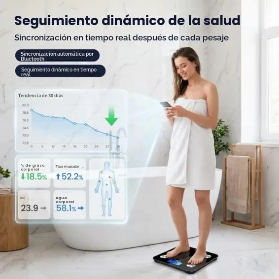 HomeFashion ▫️ HFitness Balança de casa de banho inteligente 28×28 cm com 19 medições corporais, balança digital de gordura corporal com Bluetooth e aplicação, IMC, peso, massa muscular e massa óssea, preta 6