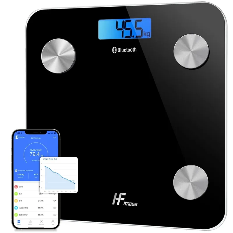 HomeFashion ▫️ HFitness Balança de casa de banho inteligente 28×28 cm com 19 medições corporais, balança digital de gordura corporal com Bluetooth e aplicação, IMC, peso, massa muscular e massa óssea, preta