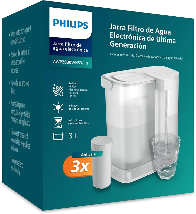 PHILIPS ▫️ Water – Dispensador de água filtrada à medida (3 L) – Água fresca e limpa, com 3 filtros Anticalc+ que melhoram o sabor e reduzem o calcário e as impurezas, sem BPA