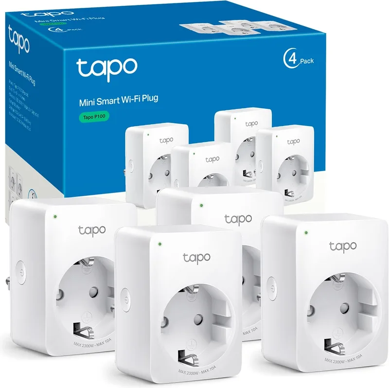 Tapo ▫️ P100 (4 pacotes) - Mini tomada inteligente Wi-Fi, ideal para programação de ligar/desligar e poupança de energia, sem necessidade de hub, compatível com Alexa e Google Home
