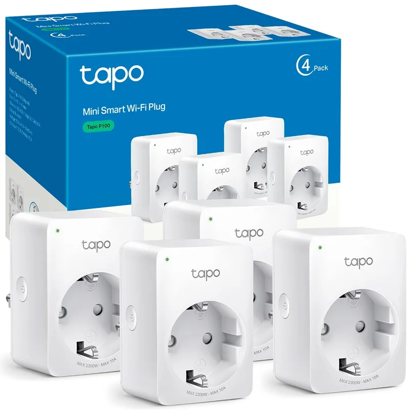 Tapo ▫️ P100 (4 pacotes) - Mini tomada inteligente Wi-Fi, ideal para programação de ligar/desligar e poupança de energia, sem necessidade de hub, compatível com Alexa e Google Home